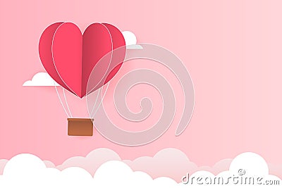 Paper Style love of valentine day , balloon flying over cloud with heart float on the sky, couple honeymoon with copy space , Vector Illustration