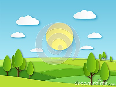 Paper summer landscape. Panoramic green field with trees and blue sky with white clouds. Layered papercut ecology vector Vector Illustration