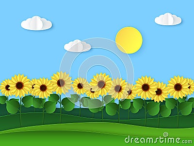 Paper sunflowers. Summer field landscape, paper cut with wild sunflower, sun and clouds, bright floral origami style Vector Illustration