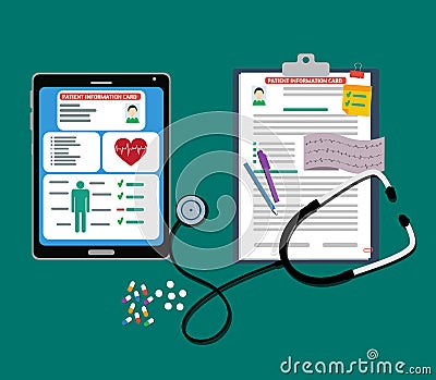 Paper and tablet patient cards with documents, stethoscope, pills, pen. patient card. Vector Illustration