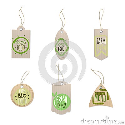 Paper tags. Food store labels with logo of healthy farm products. Realistic cardboard badges hanging on rope. Fresh Vector Illustration