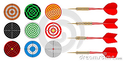 Paper targets with dart arrows. Shooting range round target, divisions, marks and numbers. Gun shooting practise and Vector Illustration
