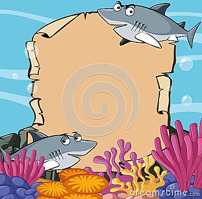 Paper template with sharks in ocean Vector Illustration