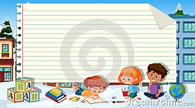 Paper template wtih three kids reading books in background Cartoon Illustration