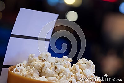 Paper tickets and popcorn for going to the movies Stock Photo