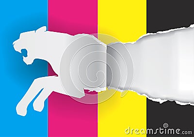 Paper Tiger ripping paper with print colors Vector Illustration
