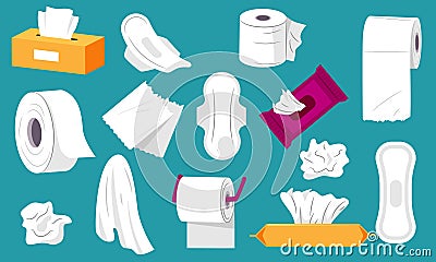 Paper tissue collection. Paper roll with tissues wet and dry, clean napkins box, everyday hygiene products cartoon flat style. Vector Illustration