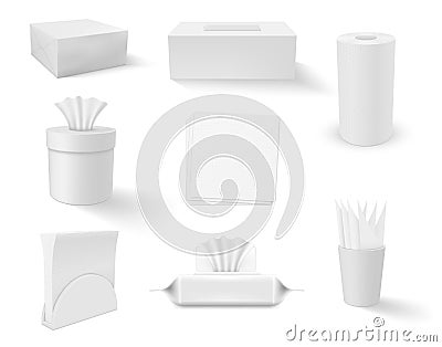 Paper tissue napkins in different roll package storage boxes set realistic vector illustration Vector Illustration