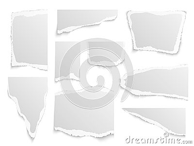 Paper torn. Shapes of papers scraps different forms and sizes, textured memo sheets. Grainy crumpled ripped edge strips Vector Illustration