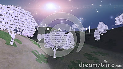 Paper trees with text in mystical landscape Stock Photo