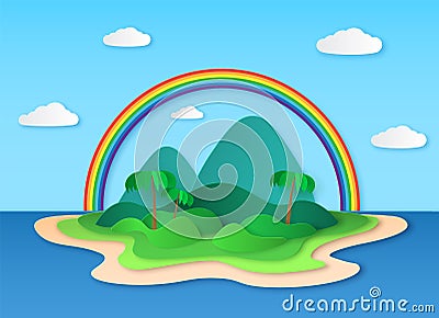 Paper tropic island. Sea tropical scenery with rainbow, beach and palm trees, sun and clouds in origami style. Summer Vector Illustration