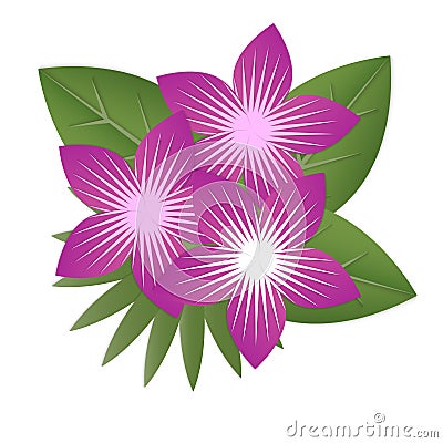 Paper tropical flowers. Purple flowers surrounded by green leave Vector Illustration