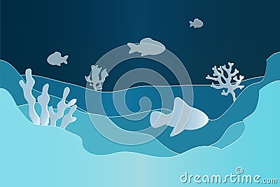 Paper underwater. Seascape seafloor, undersea with seaweed. Dark saltwater with corals silhouettes. Ocean reef bottom Vector Illustration
