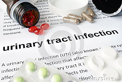 Paper with urinary tract infection and pills. Stock Photo