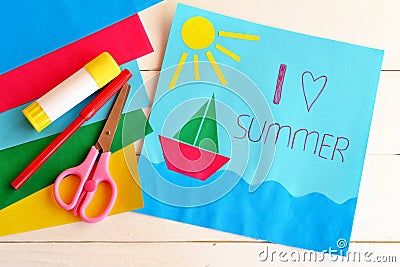 Paper vacation card. Summer camp idea for kids. Stock Photo