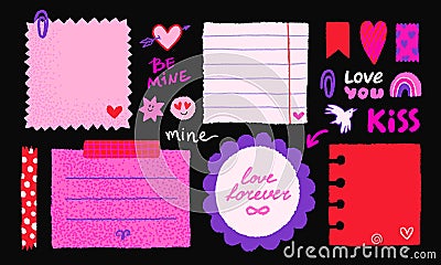 Paper valentine memo notes on stickers. Vector vintage sticky notes and pages with torn edges Vector Illustration