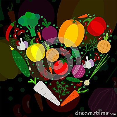Paper vegetables flat style set in heart on a background. Vector EPS 10 Vector Illustration