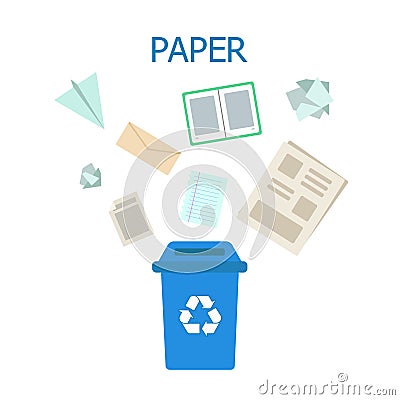 Paper waste blue bin. Waste sorting and recycling concept. Color vector ilustration Vector Illustration