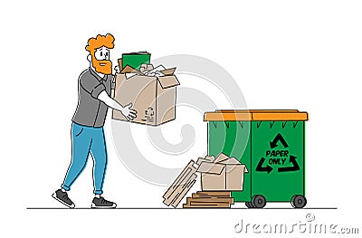 Paper Waste or Trash Recycle, Stop Pollution Concept. Young Man, Volunteer Carry Pile of Old Used Carton in Box Vector Illustration