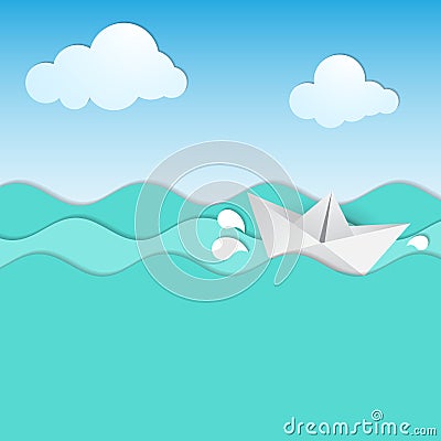 Paper waves and origami boat. Cartoon Illustration