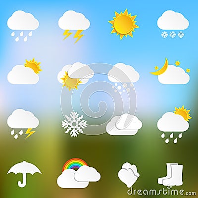 Paper weather icons on blurred background Vector Illustration