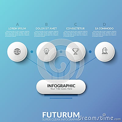 Paper white workflow diagram. Main element connected by lines with 4 linear pictograms placed inside circles and Vector Illustration