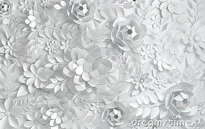 Paper whited flowers. Valentine`s day, Easter, Mother`s day, wedding card, blooming wall background. 3d render digital spring or Cartoon Illustration