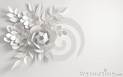 Paper whitel flowers background. Valentine`s day, Easter, Mother`s day, wedding greeting card. 3d render digital spring or summe Cartoon Illustration