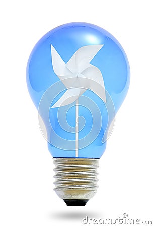 Paper windmill in a blue light bulb. Stock Photo