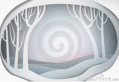 Paper winter forest landscape, paper winter fairy tale background, Vector Illustration