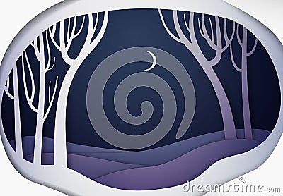 Paper winter forest night landscape, paper winter fairy tale background, Vector Illustration