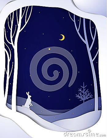 Paper winter forest night landscape with white hare and Christmas tree, paper winter fairytale background , Vector Illustration