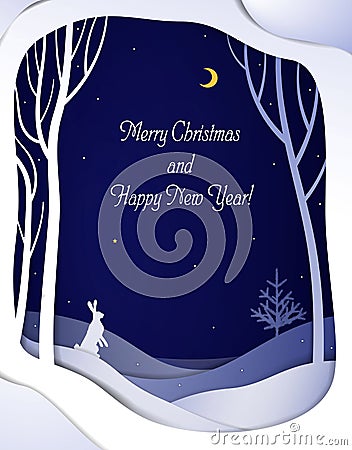 Paper winter forest night landscape with white hare and Christmas tree, paper winter fairytale background with text, Vector Illustration