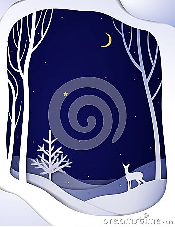 Paper winter forest night landscape with young deer and Christmas tree, paper winter fairytale background with bambi, Vector Illustration