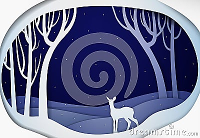 Paper winter forest night landscape with young deer, paper winter fairy tale background with bambi, Vector Illustration