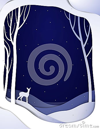 Paper winter forest night landscape with young deer, paper winter fairy tale background with bambi, Vector Illustration