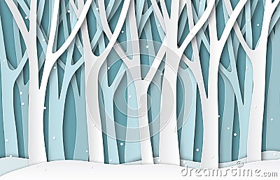 Paper winter forest. White frozen trees silhouettes, christmas season natural paper cut landscape. 3d origami vector Vector Illustration