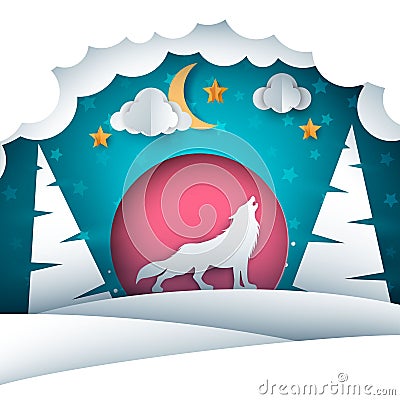 Paper winter landscape. Wolf illustration. Vector Illustration