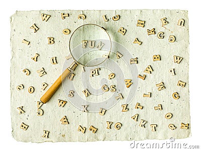 Search FUN magnifier word and letters on a vintage paper Stock Photo