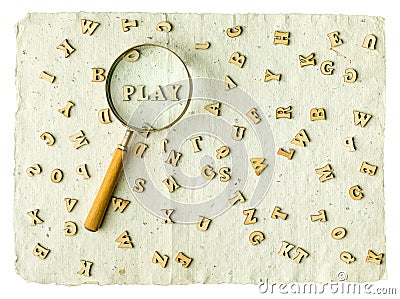 Search PLAY magnifier word and letters on a vintage paper Stock Photo