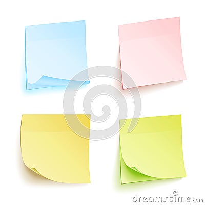 Paper Work Notes Isolated Vector Set. Sticky Note Paper For Noticeboard With Curled Corners Illustration. Colored Sticker Bank Wit Vector Illustration