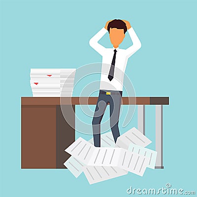 Paper work at office. Business man making a report. Vector Illustration