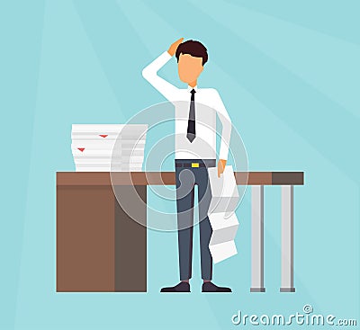 Paper work at office. Business man making a report. Vector Illustration