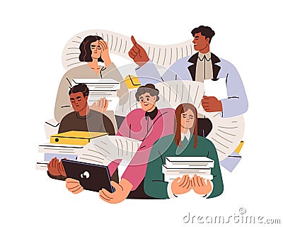 Paper work overload, bureaucracy concept. Paperwork and document flow in company. Business people, office workers Vector Illustration