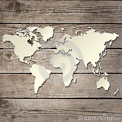 Paper world map on a wooden board vector Vector Illustration