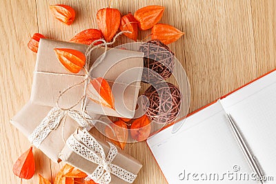 Paper wrapped gift box with fall theme Stock Photo