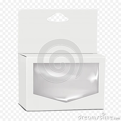Paperboard box with clear plastic window, tuck-in flap lid, triangle hole header hang tab. Realistic 3d vector mock-up Vector Illustration