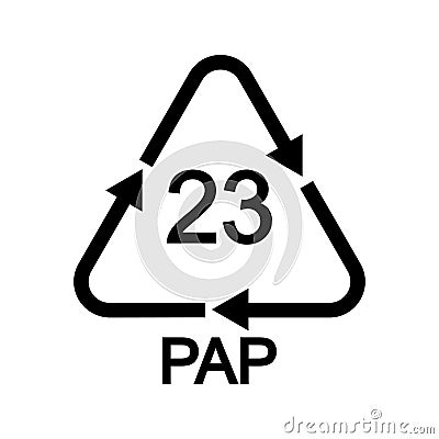 Paperboard recycling symbol in triangular shape with arrows. 23 PAP reusable icon isolated on white background Vector Illustration