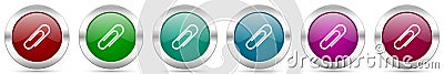Paperclip silver metallic vector icon set, round glossy buttons with chrome border for web design Stock Photo