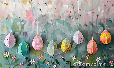 Papercraft Easter eggs hanging on string, holiday background Stock Photo